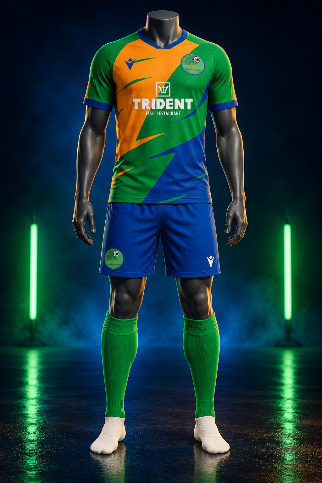 The complete Goalden Football Academy kit on a tall, naturally proportioned adult display mannequin