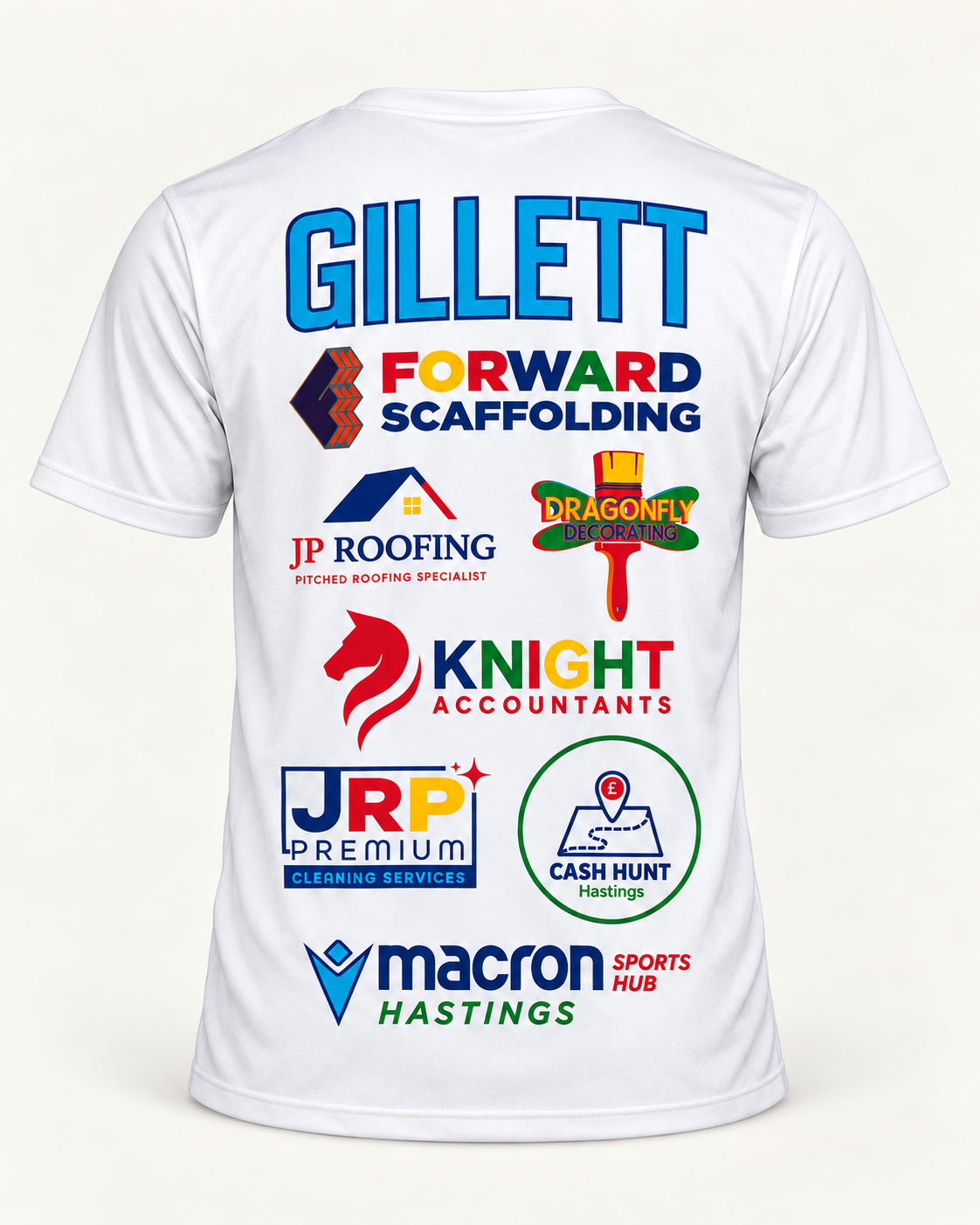 White Marlon Gillett fight T-shirt — GILLETT and full back sponsor print (mock-up)