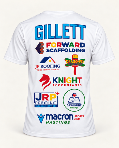 White Marlon Gillett fight T-shirt — GILLETT and full back sponsor print (mock-up)
